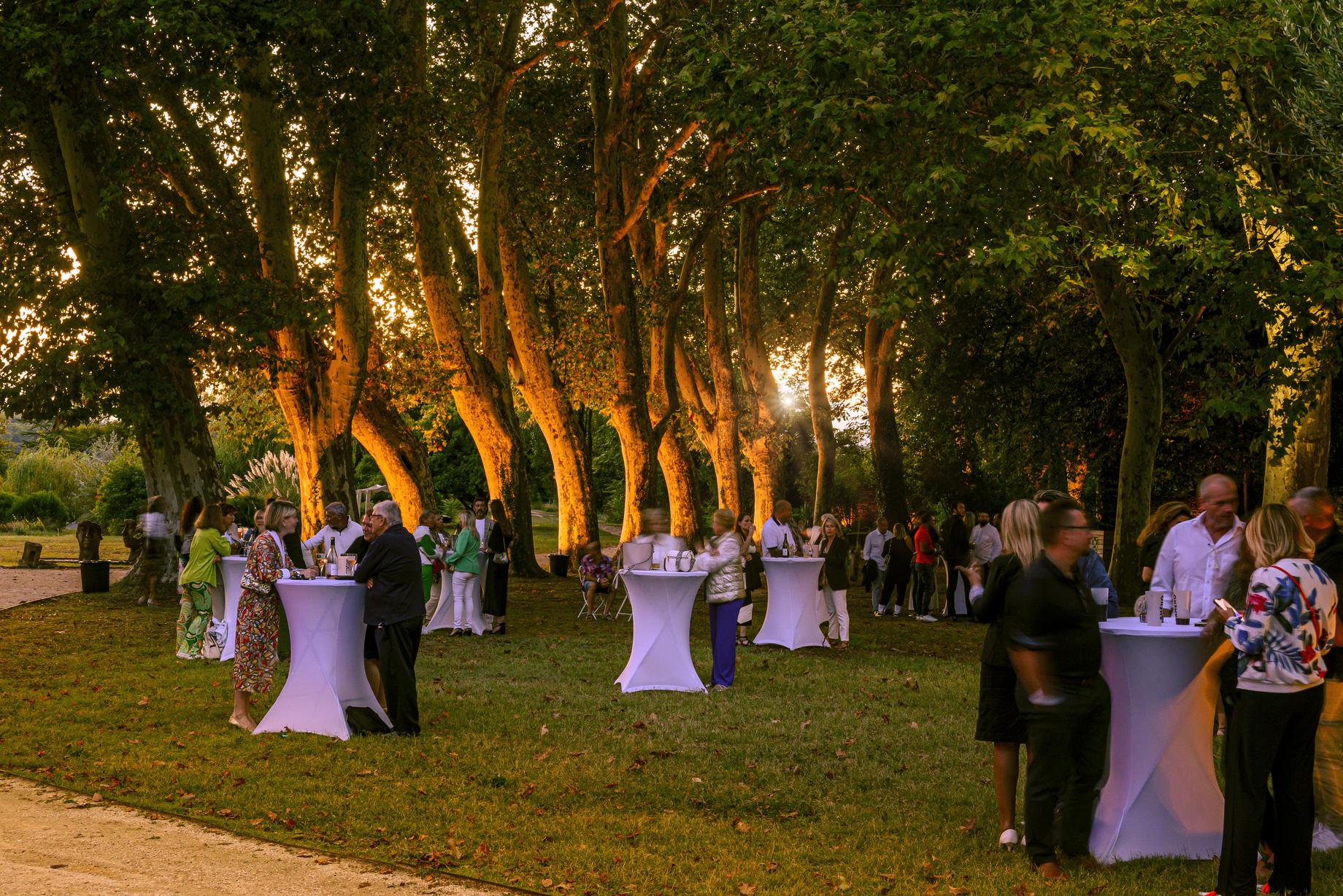 Cocktail événementiel sous les platanes du parc au coucher du soleil au Château de Massillan